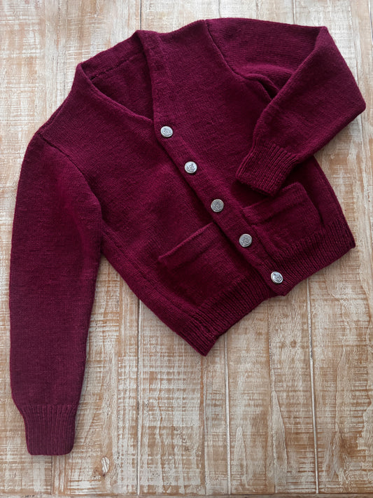 Vintage 1940s Sweater - Wine Red Wool Dark Academia Cardigan w Metal Buttons + Pockets Size XS to M