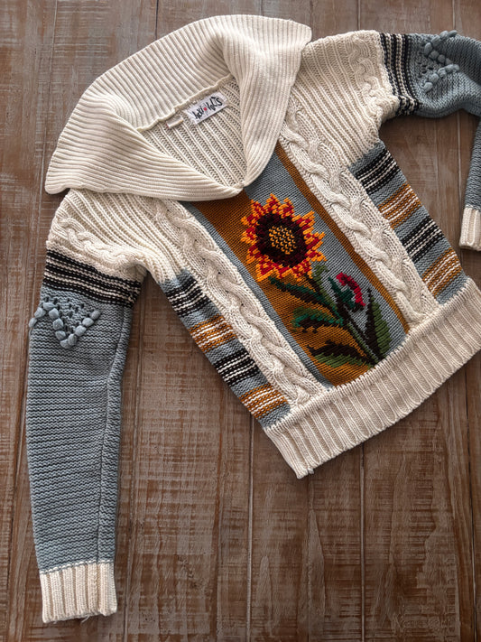 Vintage 1970s Sweater - Super Cute Hippie Boho Bobble Knit Pullover Top w Sunflower Novelty Size XS to M