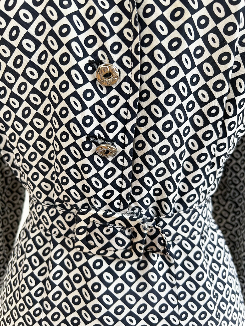 Vintage 1940s Cold Rayon Print Dress - VOLUP Black White Deco Donuts + Checkerboard Shirtwaist Size L - XL