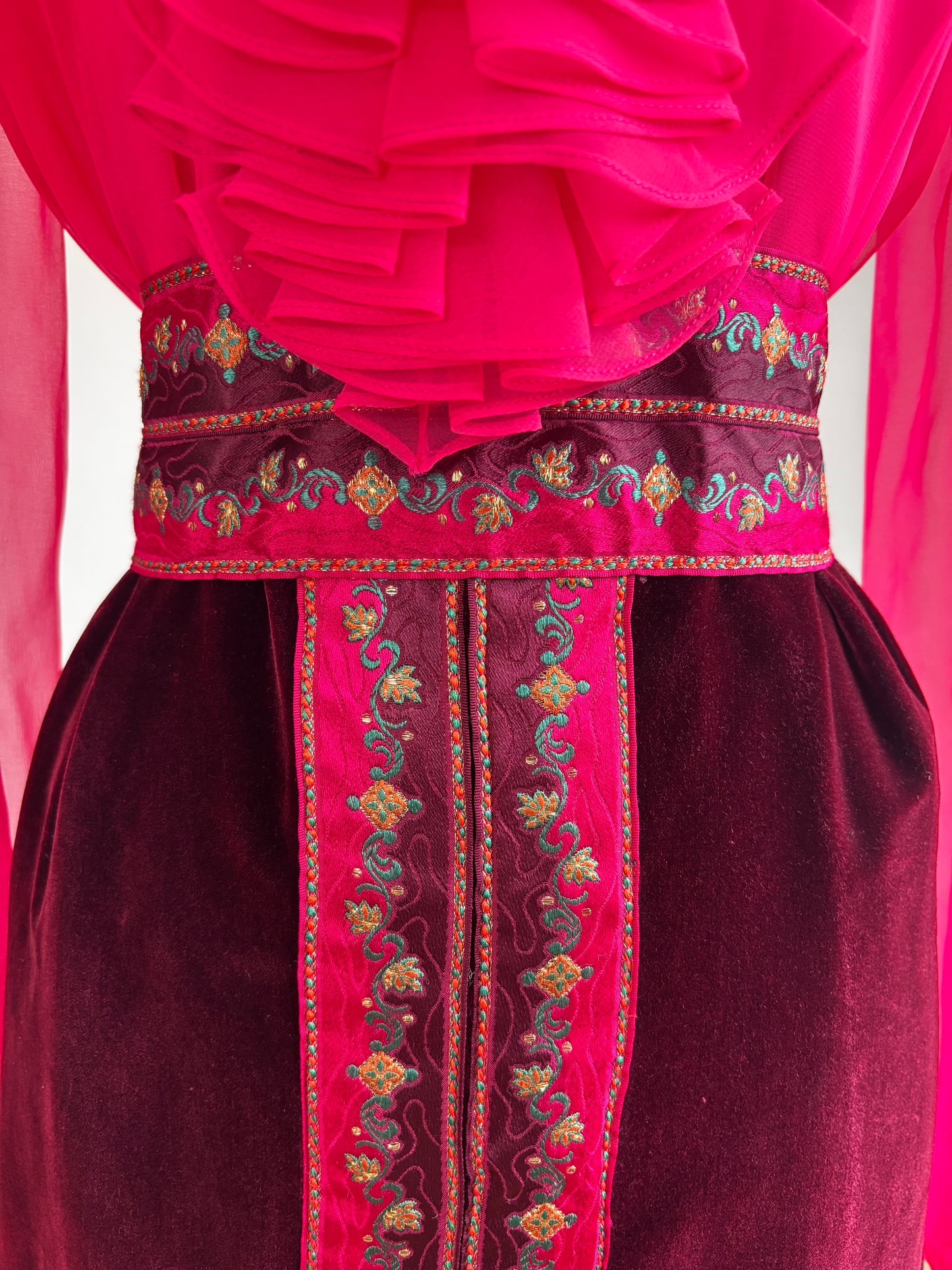 Vintage 1960s Designer Cocktail Set - Jaw-dropping Wine + Hot Pink Jabot Velvet + Satin Dress + Puff Jacket Size M