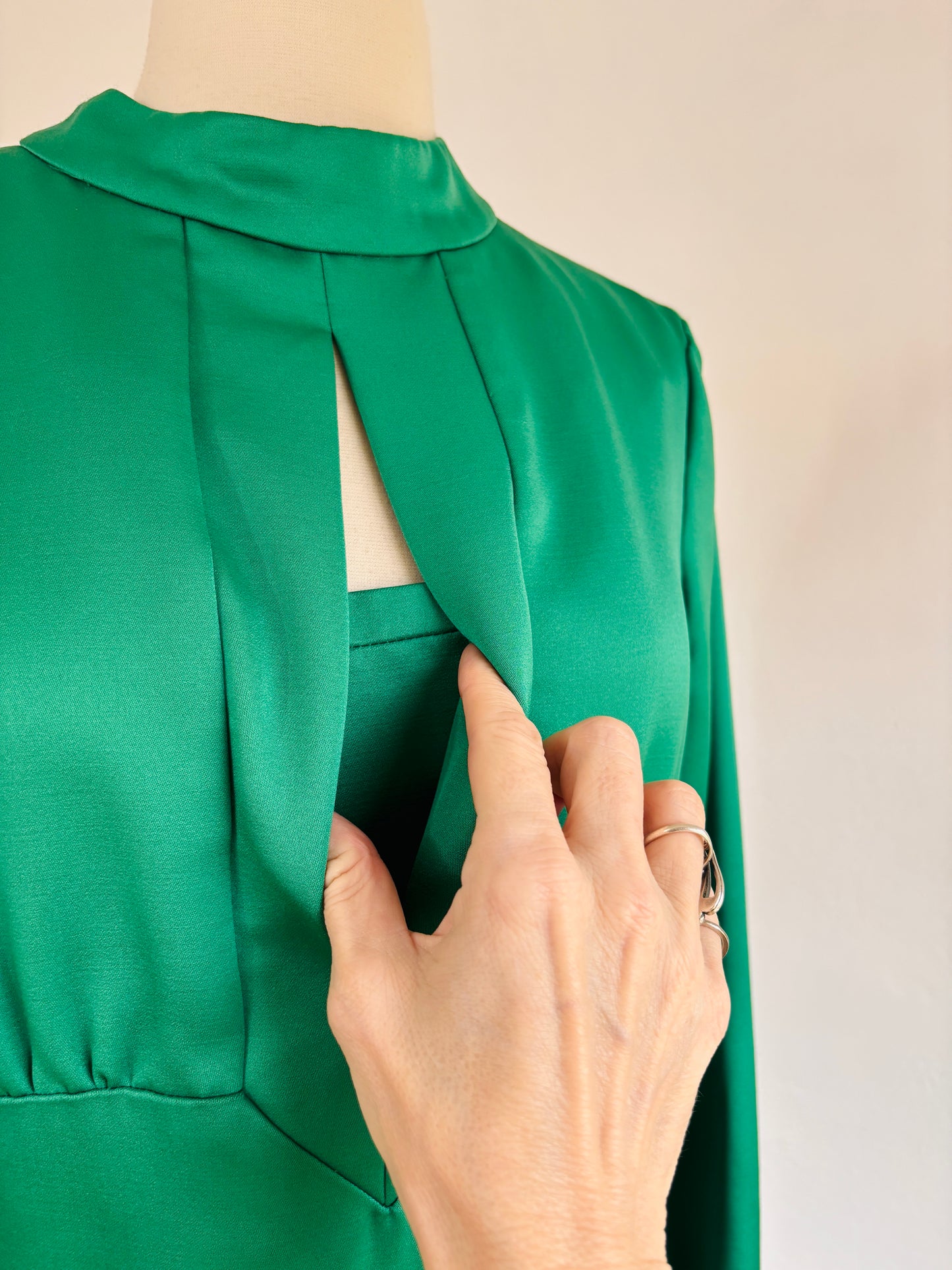 Vintage 1960s Designer Cocktail Dress - Structural Mod Silk Emerald Green Midi Dress w Cut-Out Size M