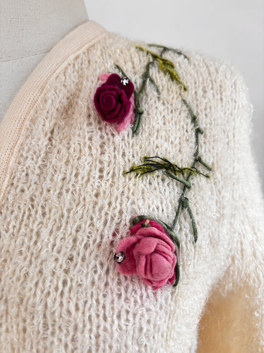 Vintage 1960s Sweater - Shaggy Mohair Designer Cardigan w Pink Red Velvet Roses + Embroidery Size M to XL