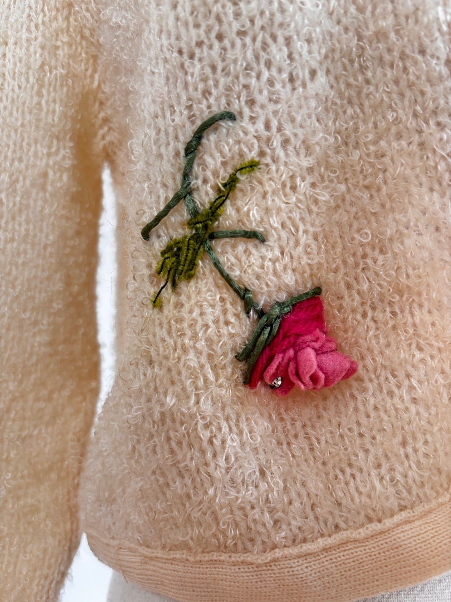 Vintage 1960s Sweater - Shaggy Mohair Designer Cardigan w Pink Red Velvet Roses + Embroidery Size M to XL