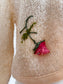Vintage 1960s Sweater - Shaggy Mohair Designer Cardigan w Pink Red Velvet Roses + Embroidery Size M to XL
