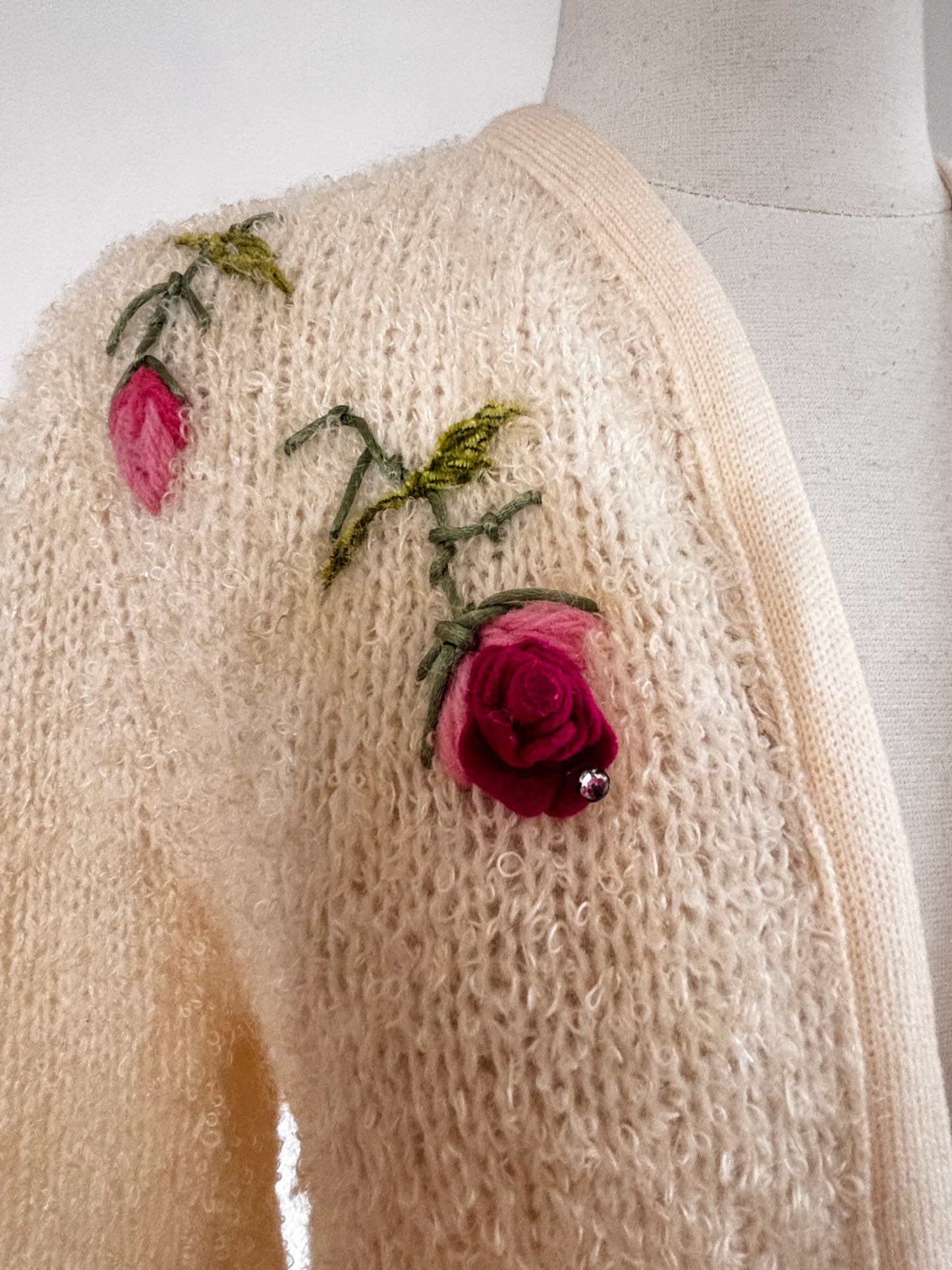Vintage 1960s Sweater - Shaggy Mohair Designer Cardigan w Pink Red Velvet Roses + Embroidery Size M to XL