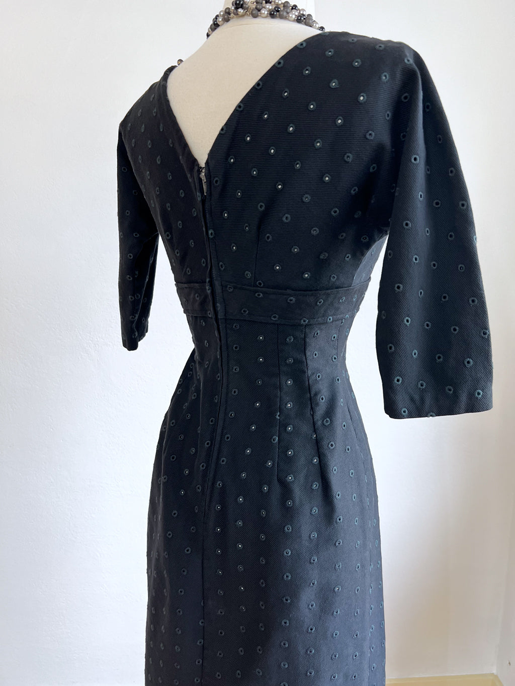 Vintage 1950s Jerry Gilden Cocktail Dress - Sultry Sculpted Black Eyelet Peekaboo Embroidered Wiggle Dress Size XS - S