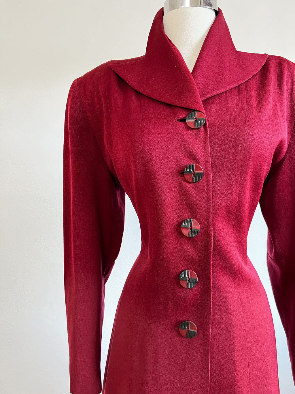 Vintage 1940s Noir Babe's Princess Coat - Rare WINE RED Documented 1948 Wool Gabardine Deco Half Belt Overcoat w Bakelite Buttons Size M to L