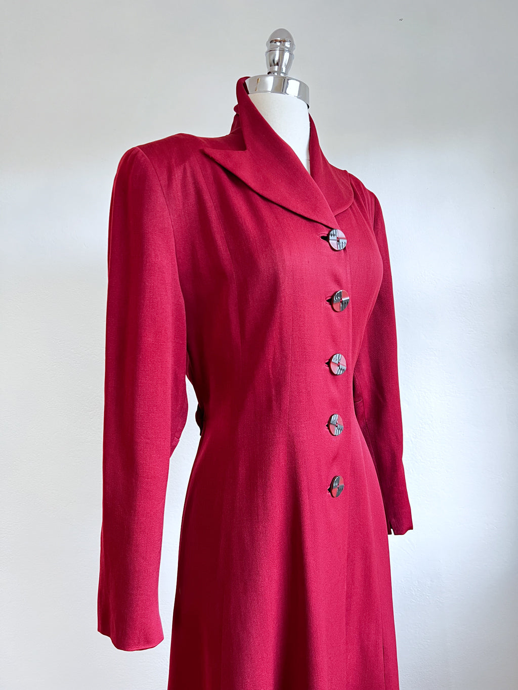 Vintage 1940s Noir Babe's Princess Coat - Rare WINE RED Documented 1948 Wool Gabardine Deco Half Belt Overcoat w Bakelite Buttons Size M to L