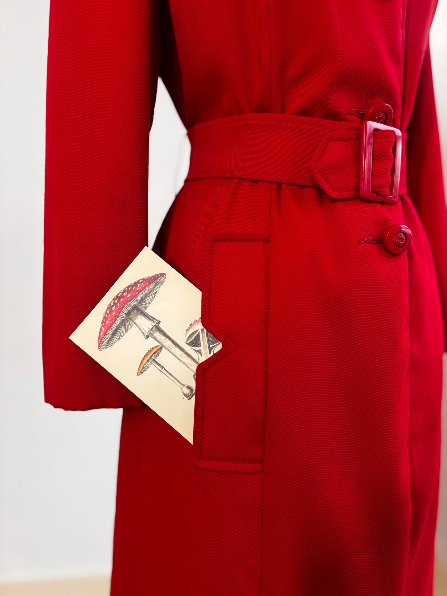 Vintage 1970s does 1940s All-Weather Coat - Noir Babe Scarlet Red Gabardine w Stabby Details Throughout! Size S to M