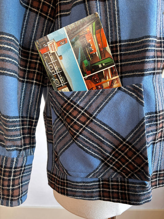 Vintage 1950s Pendleton 49er Jacket - Black + Delphite Blue Plaid Wool Chore Shirt-Jac Size M to L