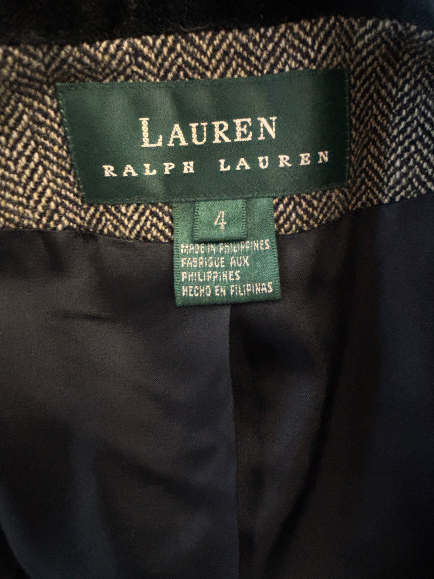 Vintage Y2K Ralph Lauren Blazer - Black + White Wool Tweed Velvet Sculpted Jacket Size S