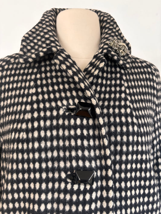 Vintage 1950s Swing Coat - Black Wool Ivory White Mohair Polka Dots Overcoat w BIG Bakelite Buttons Size M to L