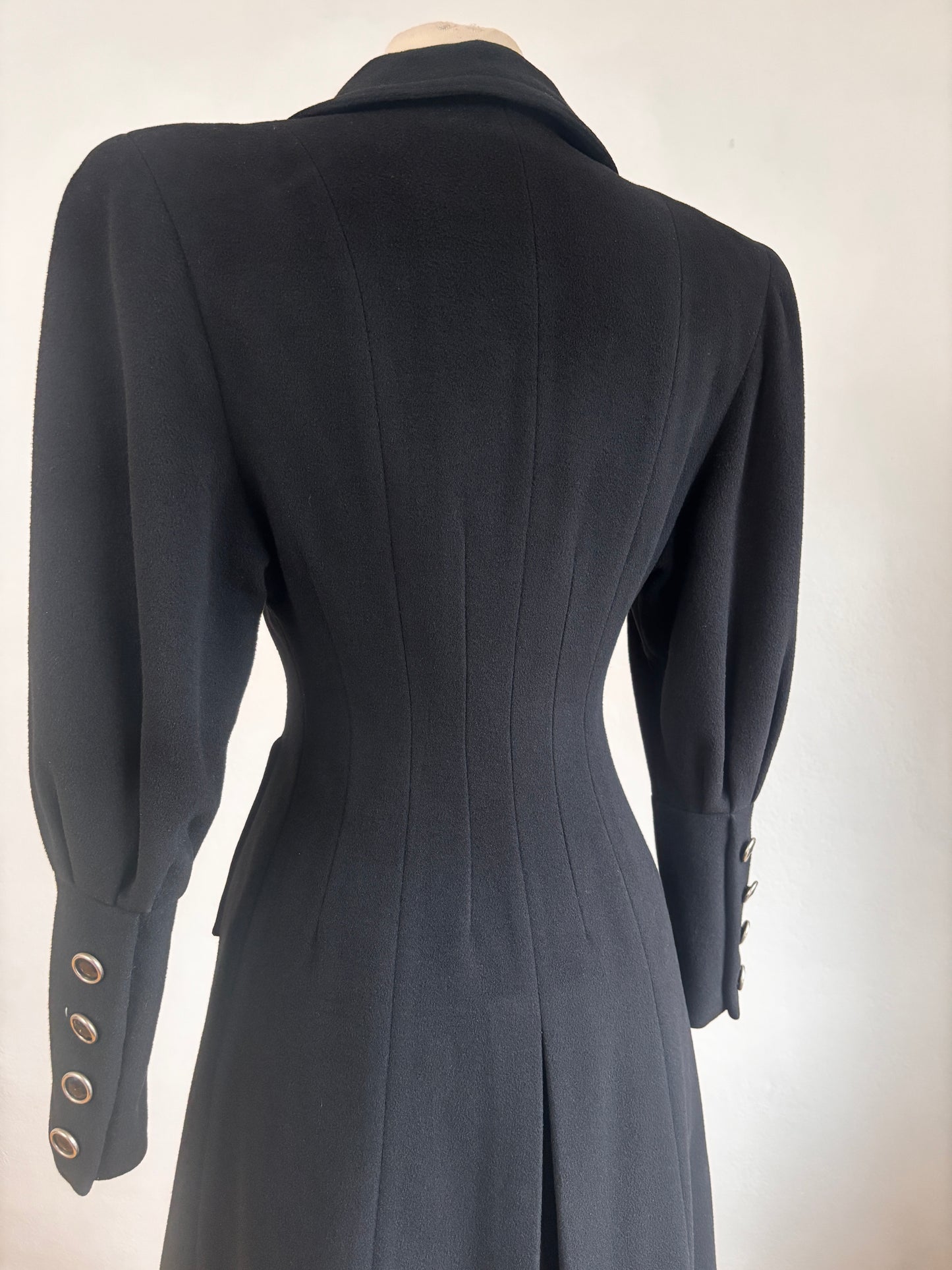 HALF-OFF SALE! Vintage 1940s Princess Coat - Military-Influenced Black Goth Bishop Sleeve Wool Coat w 14 Bakelite Buttons Size XS to S