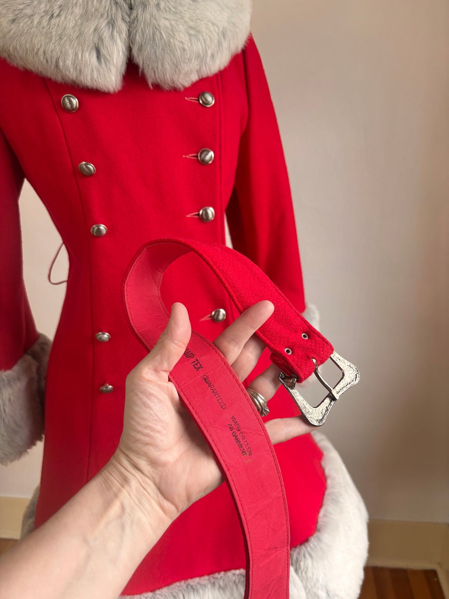 Vintage 1970s Princess Coat - Amazingly Beautiful Mod Crimson Red Wool + Frost Faux Fur Belted Overcoat Size S to M