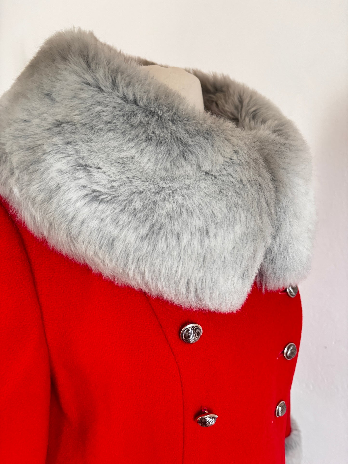 Vintage 1970s Princess Coat - Amazingly Beautiful Mod Crimson Red Wool + Frost Faux Fur Belted Overcoat Size S to M
