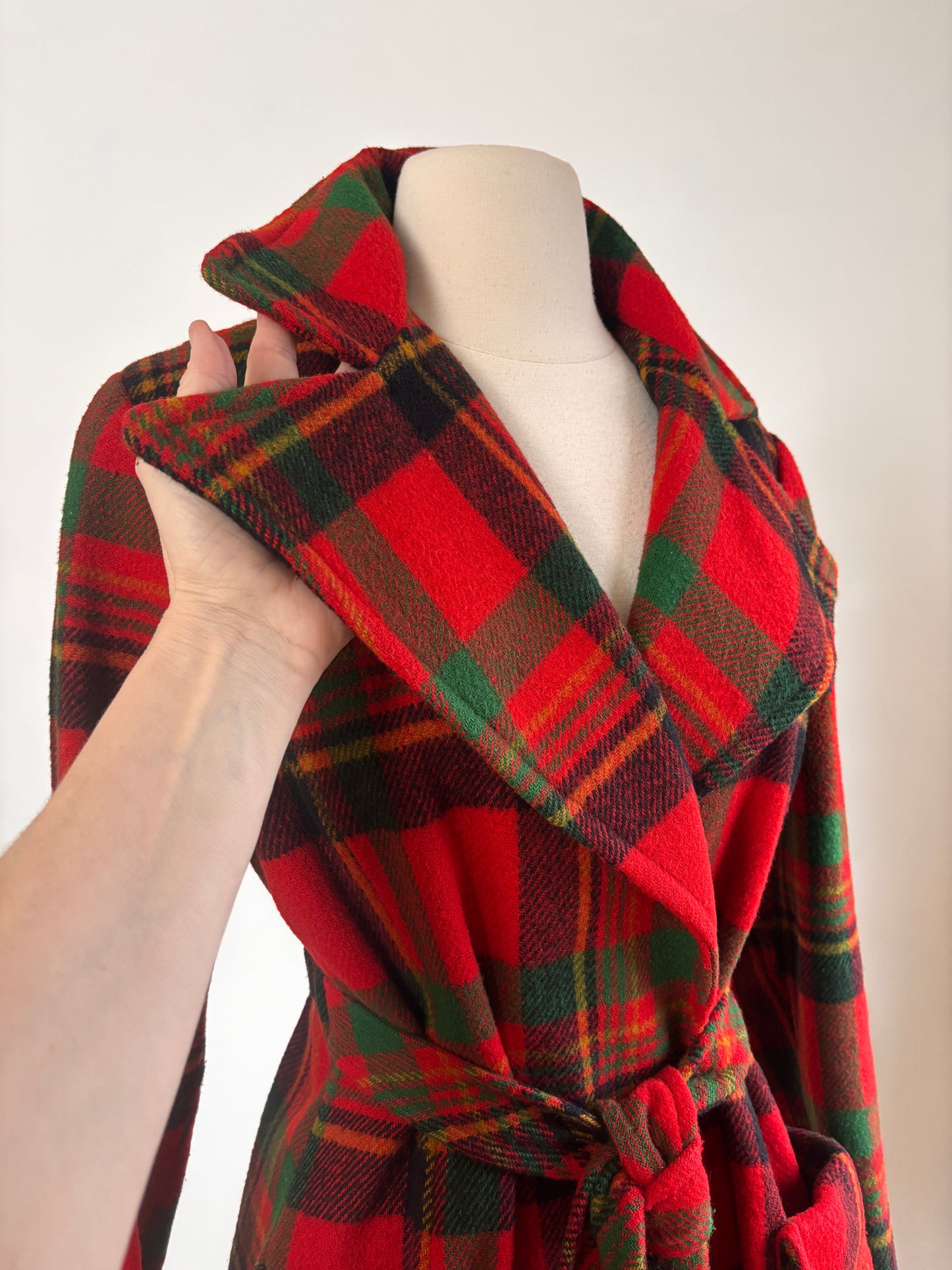 Vintage 1970s Tartan Princess Coat - Rare Red Plaid Belted Wrap Car Coat w Pockets Size S to M