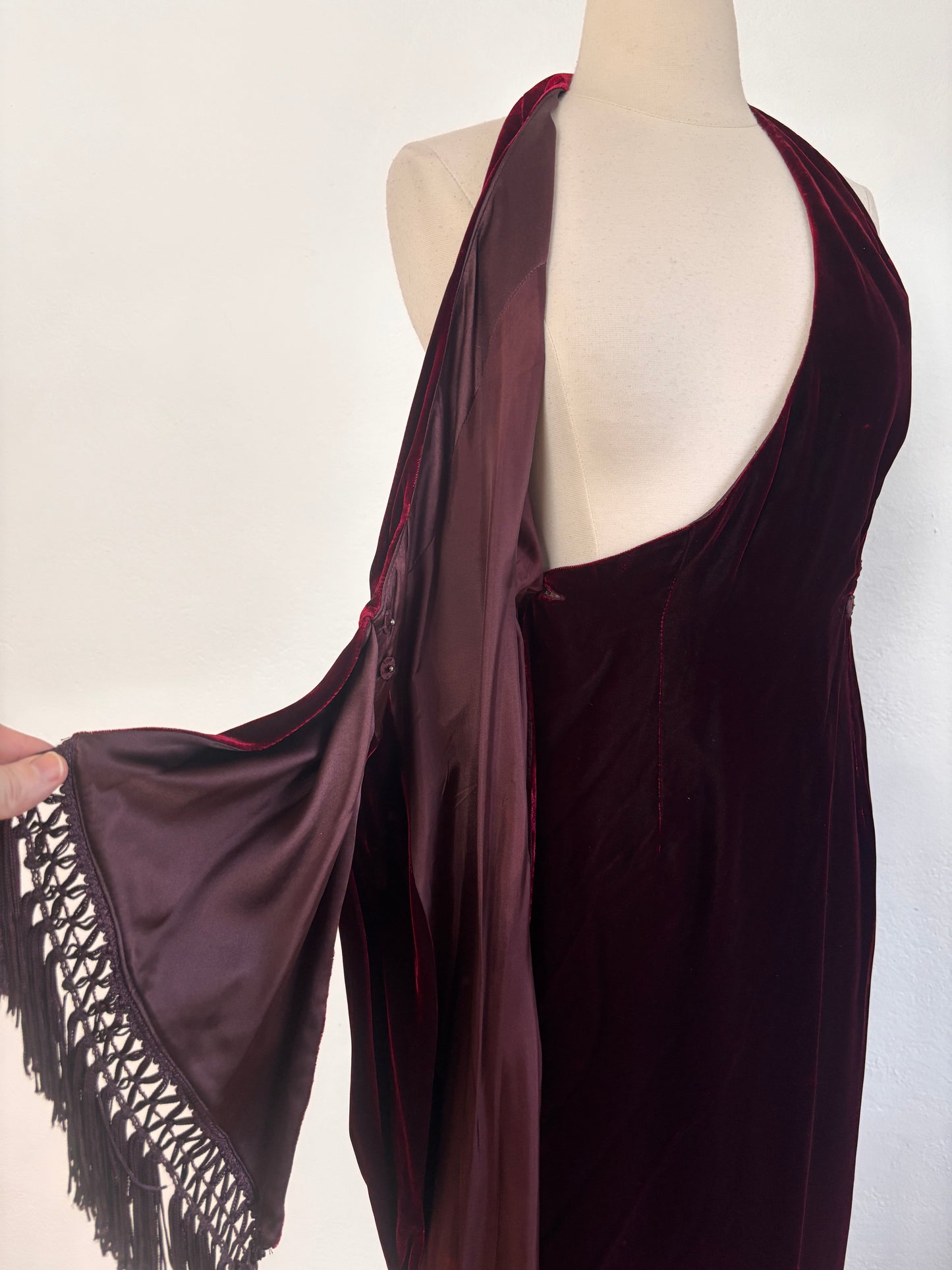 Vintage 1990s Dress - Exquisite Sculpted Wine Red Velvet Designer Cocktail Party Sarong Halter Dress Size S to M