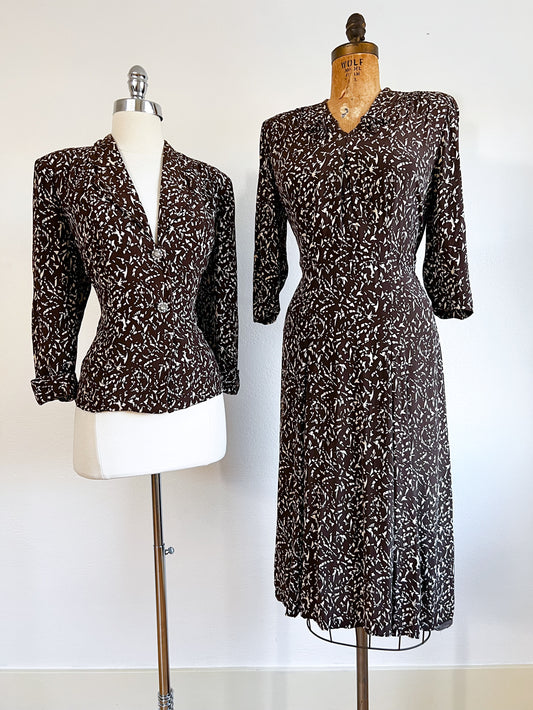 ON HOLD! Vintage 1940s Rayon Dress Suit +  Vintage 1930s Wool Coat - Gorgeous Ink Blue Wrap Princess Coat w Fab Button Accents RESHIP