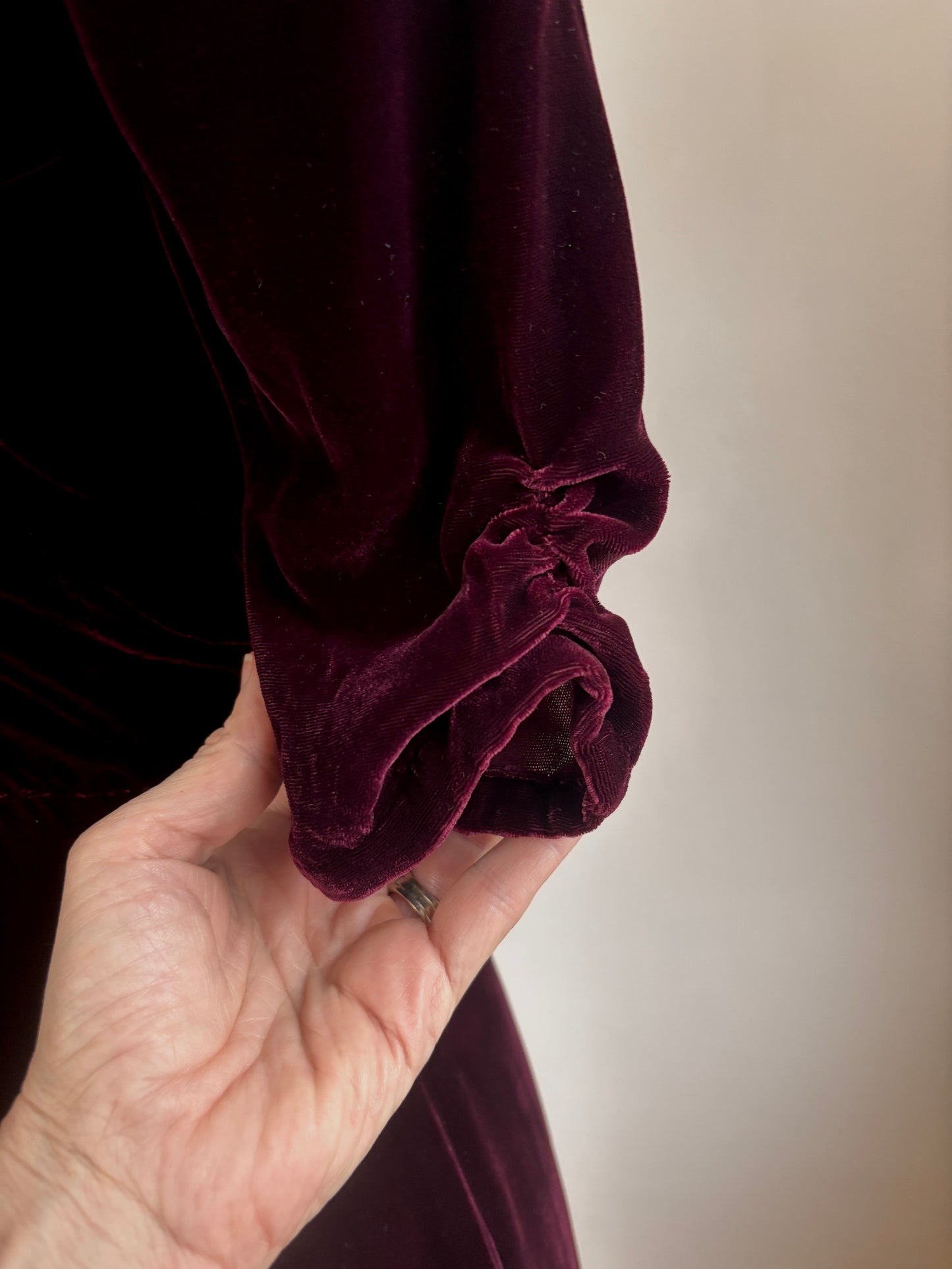 Vintage 1930s to 1940s Dress - Cherry Coke Wine Red Slinky Velvet w Ruching + Gilt Gold Size M to L