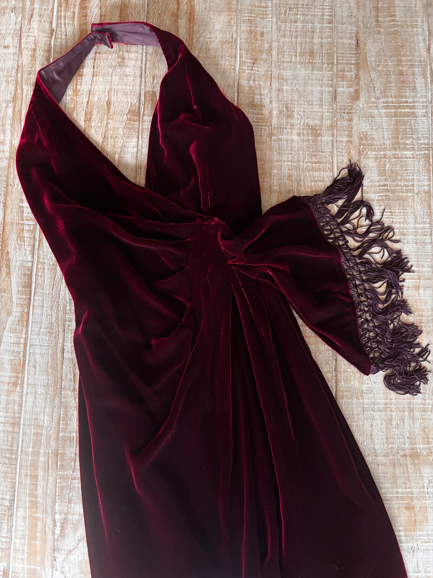 Vintage 1990s Dress - Exquisite Sculpted Wine Red Velvet Designer Cocktail Party Sarong Halter Dress Size S to M