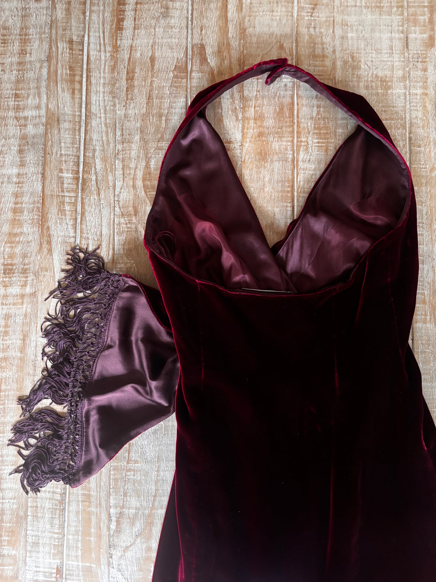 Vintage 1990s Dress - Exquisite Sculpted Wine Red Velvet Designer Cocktail Party Sarong Halter Dress Size S to M