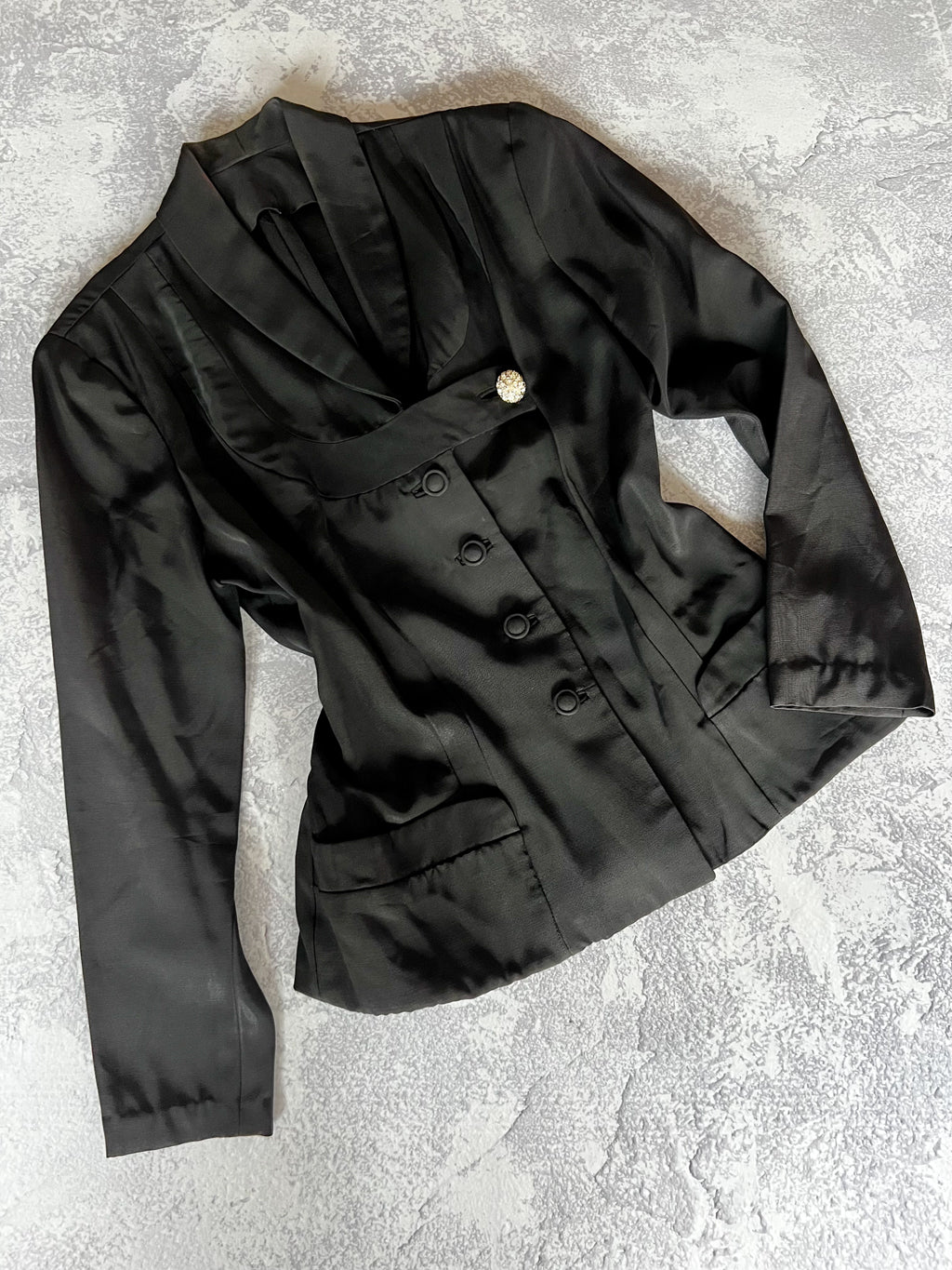 Vintage 1940s Black w Bold Rhinestones Jacket - Strong Shoulder Faille Suit Blazer Size M to L