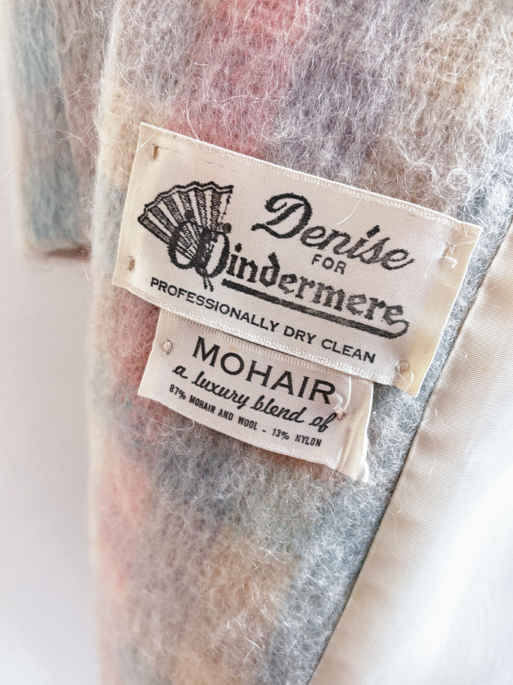 Vintage 1980s Mohair + Fur Coat - Rare Pastel Pink Blue Cream Plaid Designer Belted Coat w Blue Fox Collar Size M to L