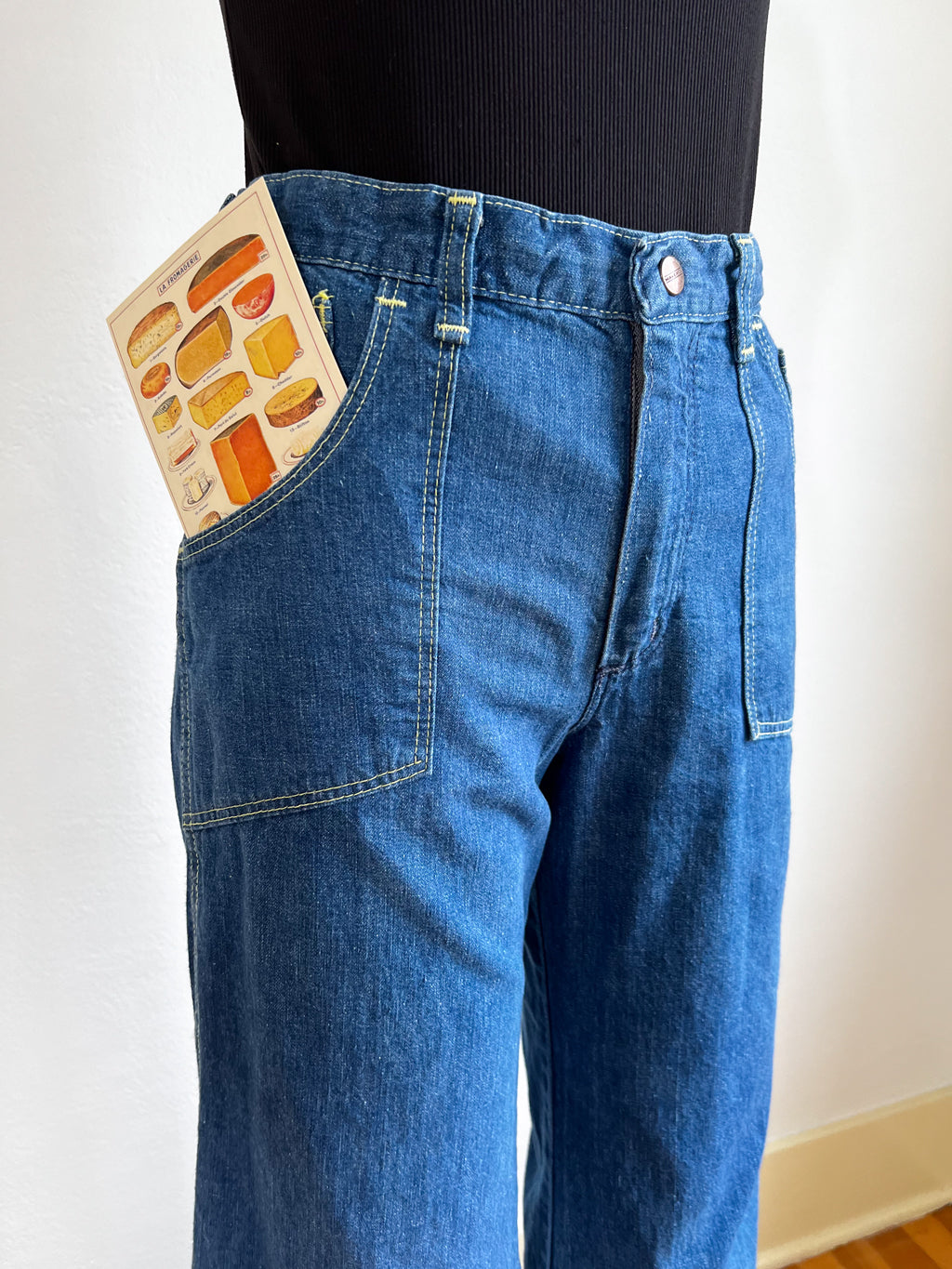Vintage 1970s Medium Wash Denim Flares Jeans - MAVERICK Patchwork Grid Motif Bell Bottoms W26"