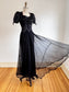 Vintage 1930s to 1940s Evening Dress - Black Pink Ruched Satin Puff Sleeve w Wicked Waist Full Length Gown Size M