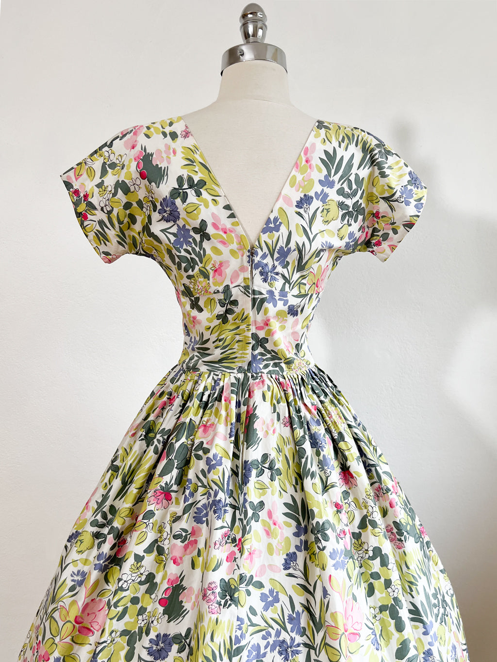 Vintage 1950s Dress - SPECTACULAR Chartreuse Sage Pink Floral Print Party Junior Time Sundress w Rhinestones Size XS to S