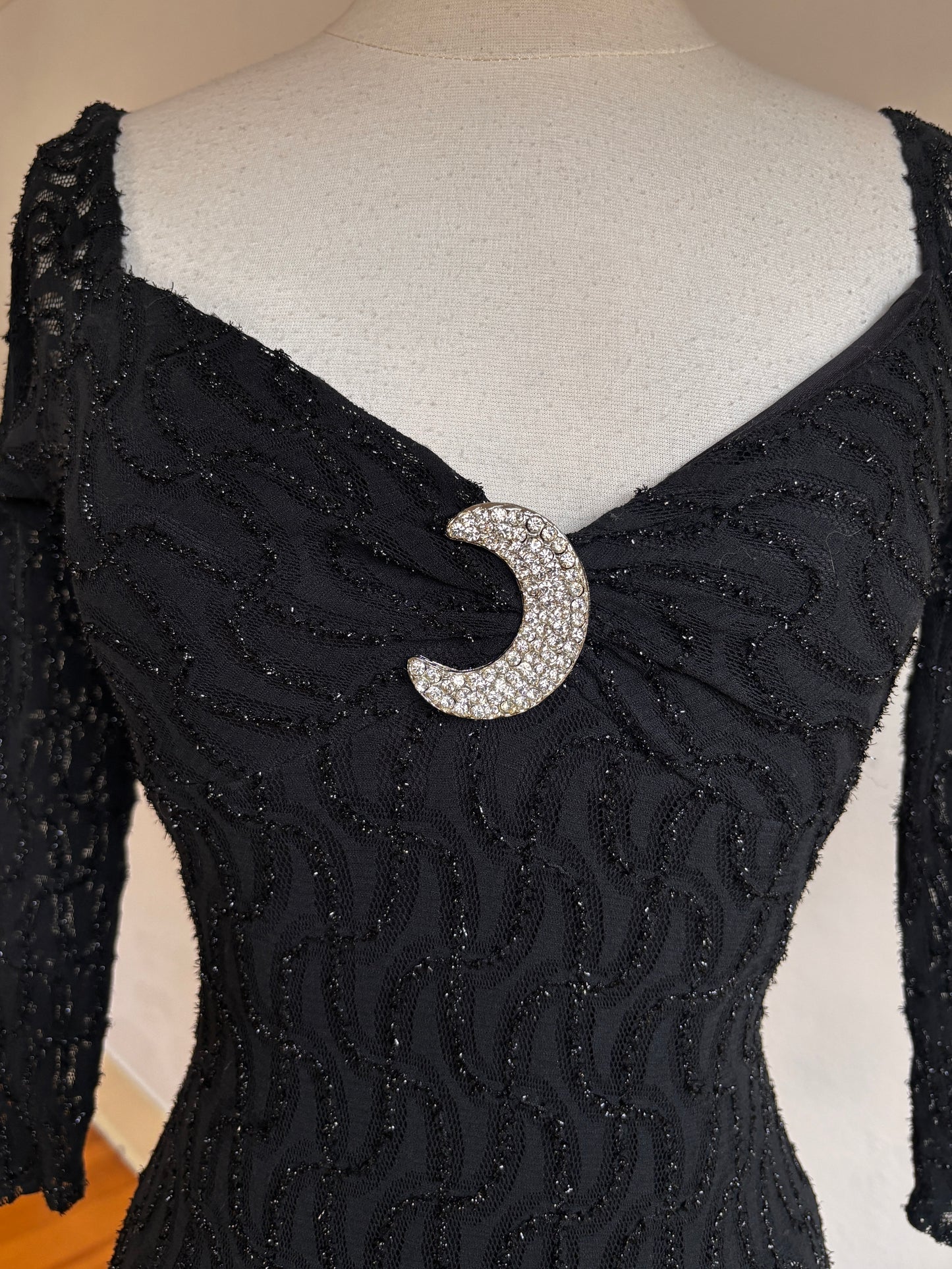 Vintage 1980s to 1990s Dress - Sexy Black Stretchy Lace Bandage Cocktail w Witchy Rhinestone Moon Minidress Size XS to S