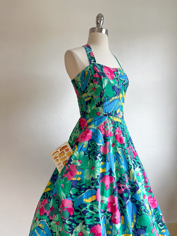 Vintage 1980s Dress - JUICY Teal + Punch Pink Floral Soft Cotton Smocked Designer Sundress w Pockets Size M