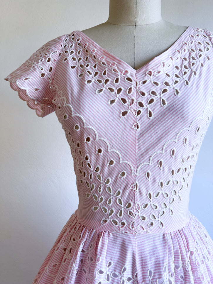 Vintage 1950s Dress - DIVINE Pastel Pink + White Stripe Embroidered Eyelet Cotton Sundress Size XS