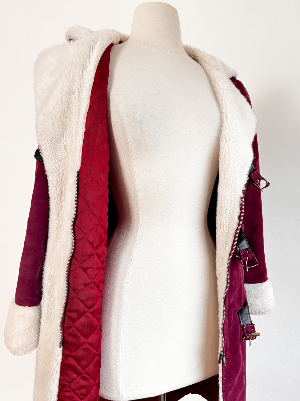 Vintage 1960s to 1970s Velvet HOODED Princess Coat - Buckle-Clasp Cranberry/Wine w Snowy Faux Fur Trim + Hood Size S to M