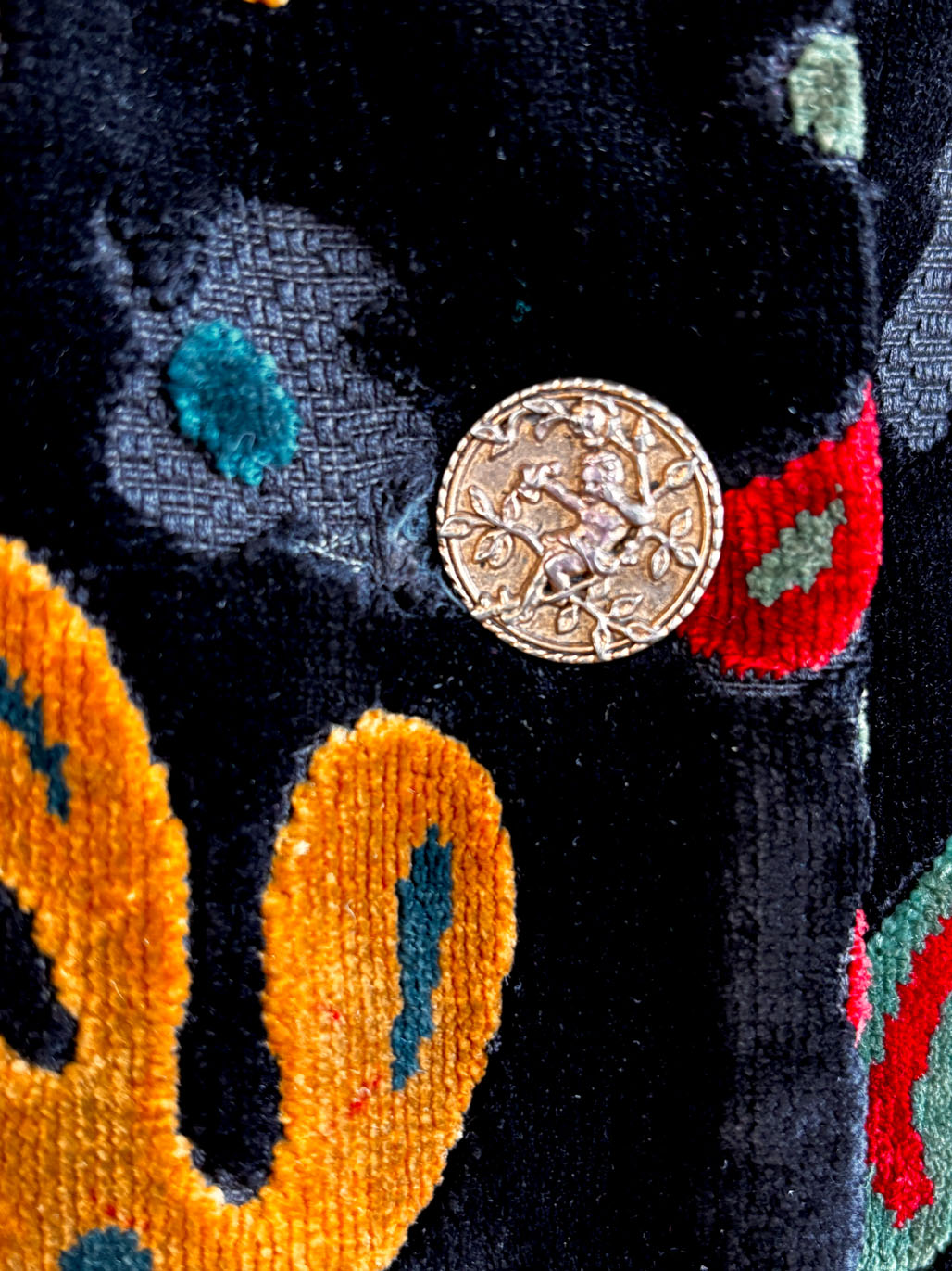 Vintage 1960s Black Carpet Coat - Black + Saturated Colors Velvet Chenille Tapestry Midcentury Modern Car Coat Size Medium to Large