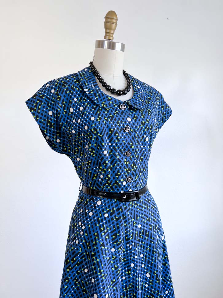 Vintage 1940s Cotton Dress - Peter Pan Collar Black w Blue + Chartreuse Polka Dots + Woven Print Sailing Boat Buttons Sundress Size M