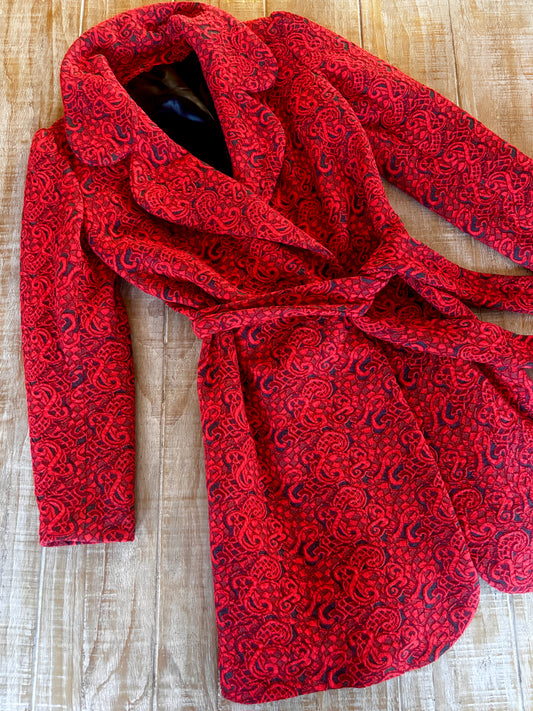 Vintage 1960s Tapestry Coat - Vampire's Delight! Goth Scarlet Red + Black Lace Motif Wrap Belted Coat Size M to L