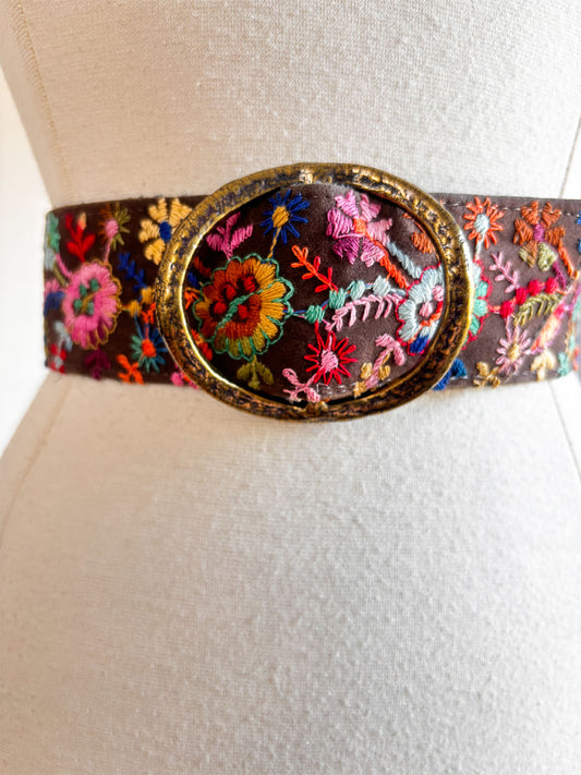 Vintage 1970s Belt of Dreams - Rainbow Embroidery Floral Boho Cocoa Brown + Brutalist Brass Buckle Fits XS to XL