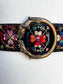 Vintage 1970s Black Velvet Belt - Rainbow Embroidery Floral Boho Fierce Double Wolf Brass Buckle Fits XS to XL
