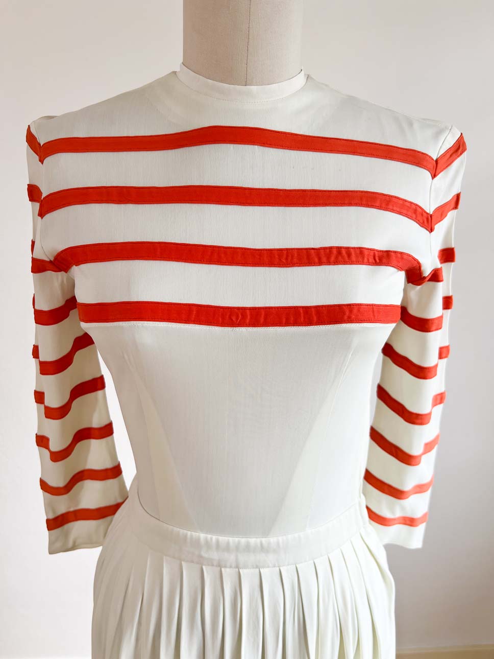 Vintage 1940s Slinky Rayon Jersey Dress - SWEET Carlye Ivory w Deep Tangerine Stripes Size XS