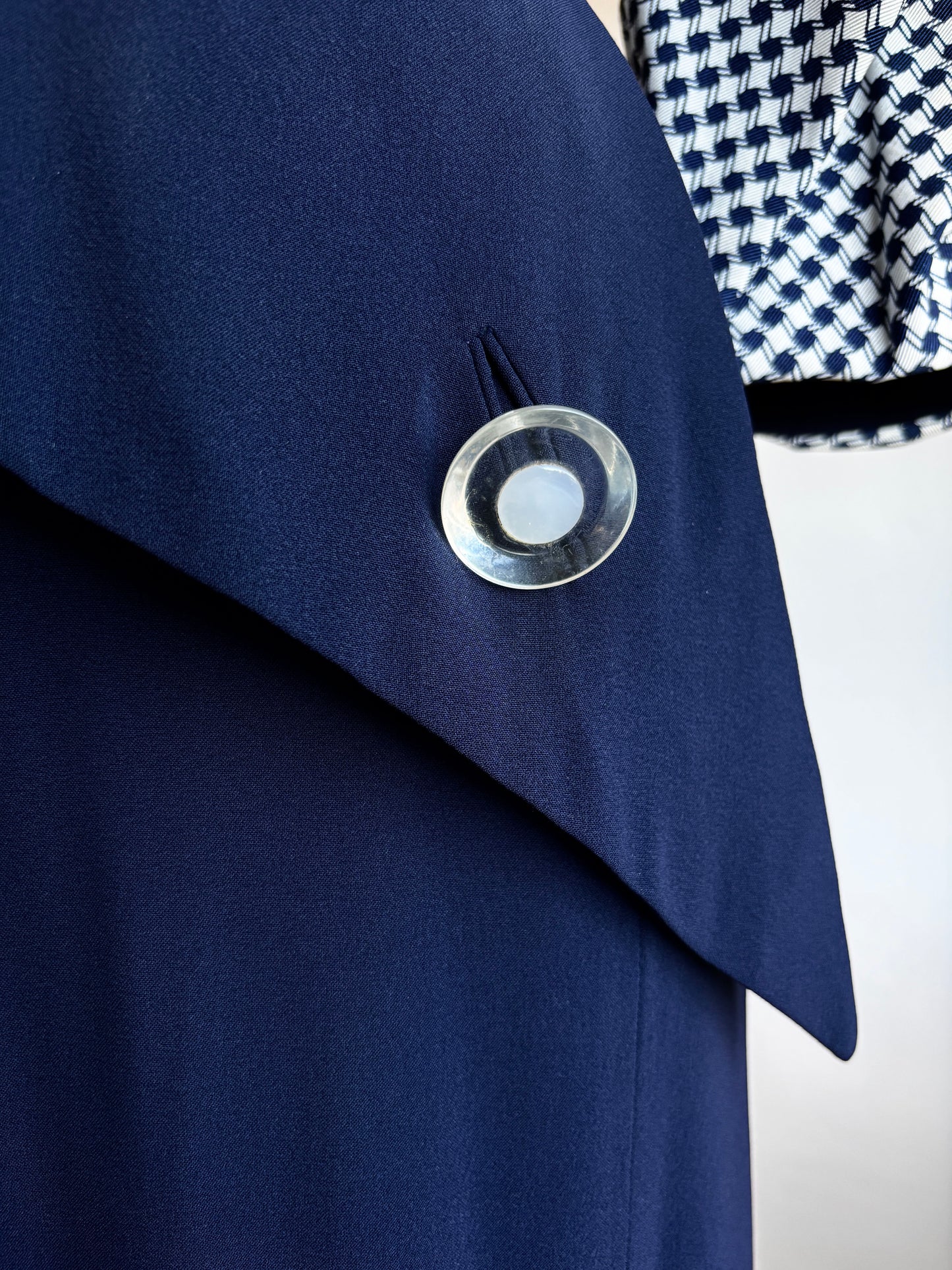 Vintage 1940s Dress - Swanky Midnight Blue + White Rayon Draped Peplum w Lucite + Giant Cuffs Size S to M