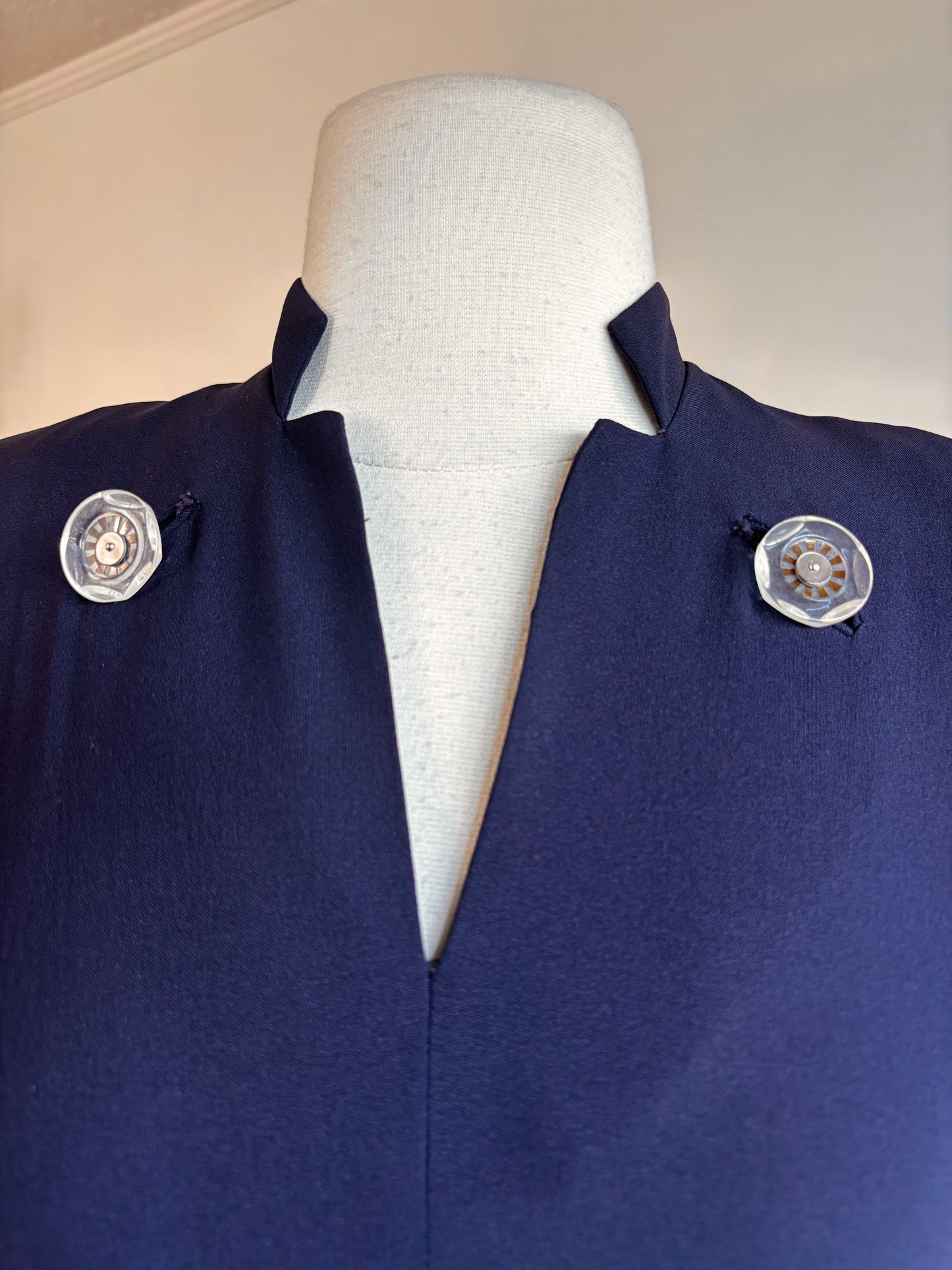 Vintage 1940s Dress - Swanky Midnight Blue + White Rayon Draped Peplum w Lucite + Giant Cuffs Size S to M