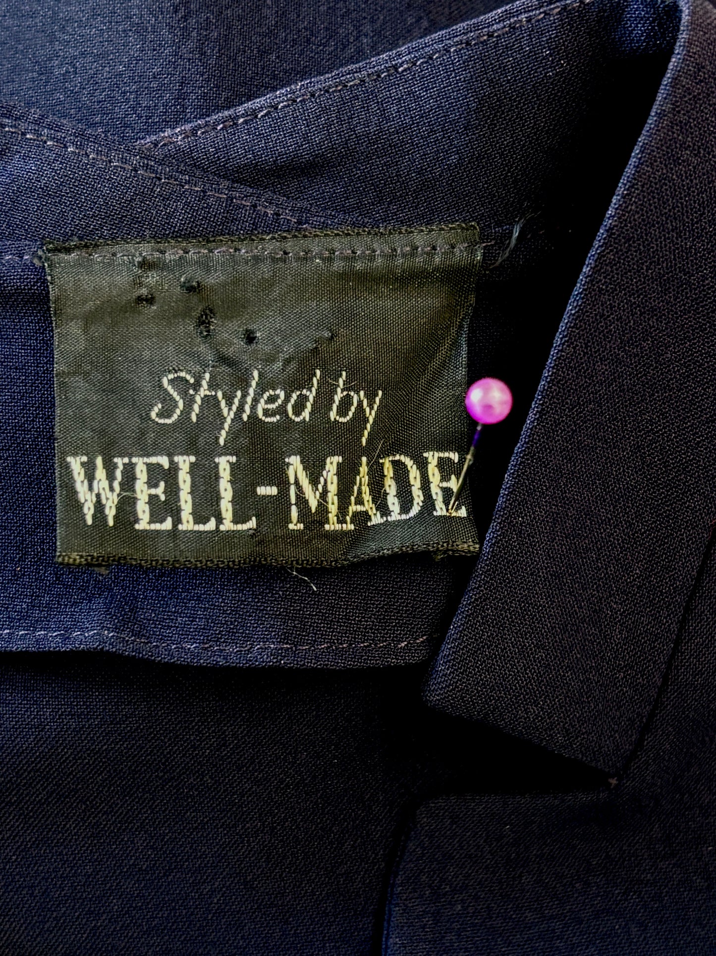 Vintage 1940s Dress - Swanky Midnight Blue + White Rayon Draped Peplum w Lucite + Giant Cuffs Size S to M