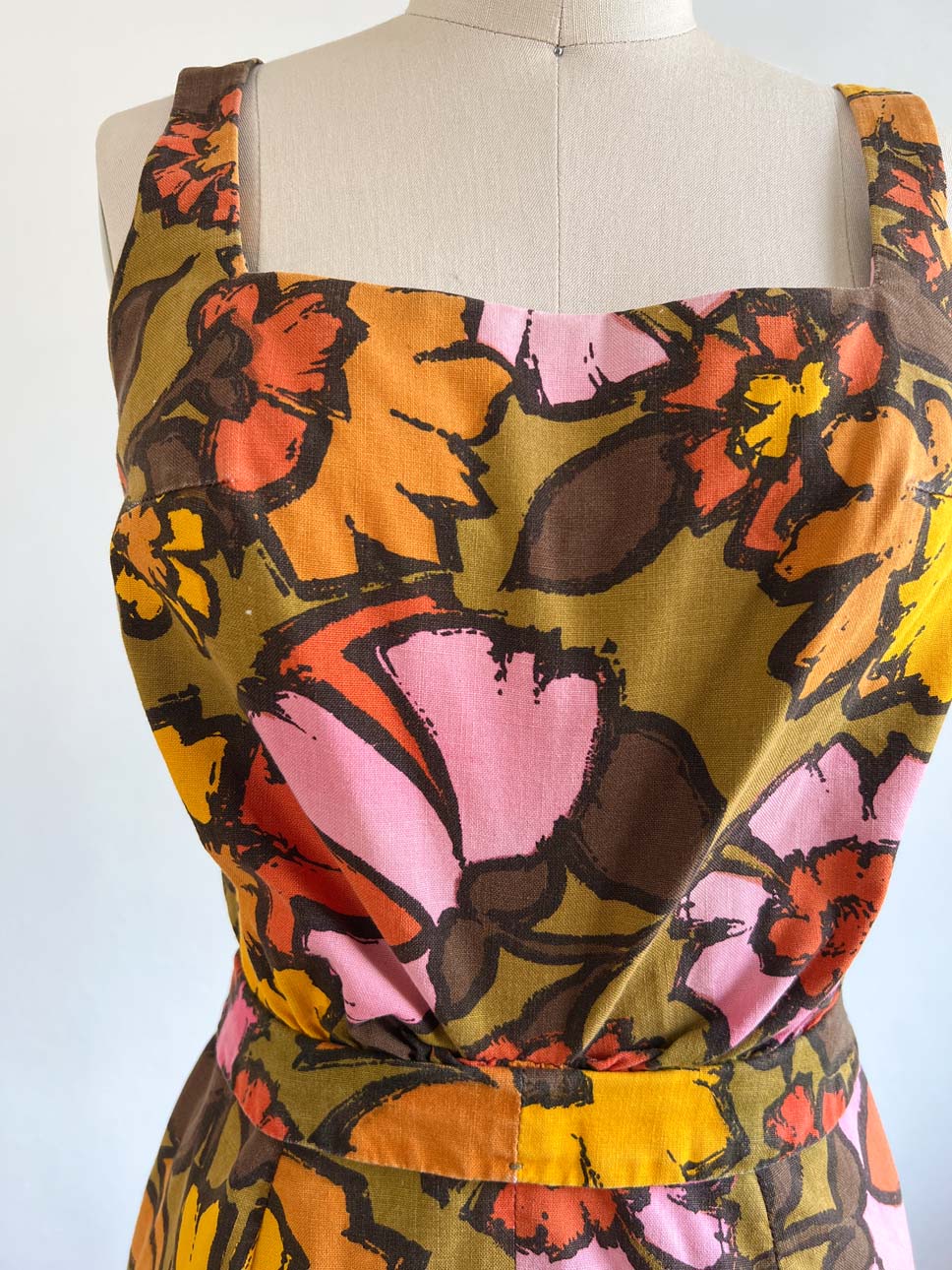 Vintage 1950s to 1960s Sculpted Shorts Romper - Designer Cotton Mod Saturated Olive, Orange, Pink Cotton Designer Swimsuit Playsuit Size XS to S