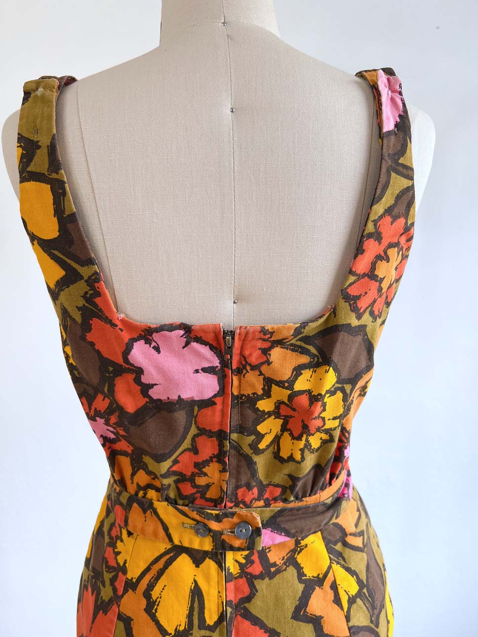 Vintage 1950s to 1960s Sculpted Shorts Romper - Designer Cotton Mod Saturated Olive, Orange, Pink Cotton Designer Swimsuit Playsuit Size XS to S