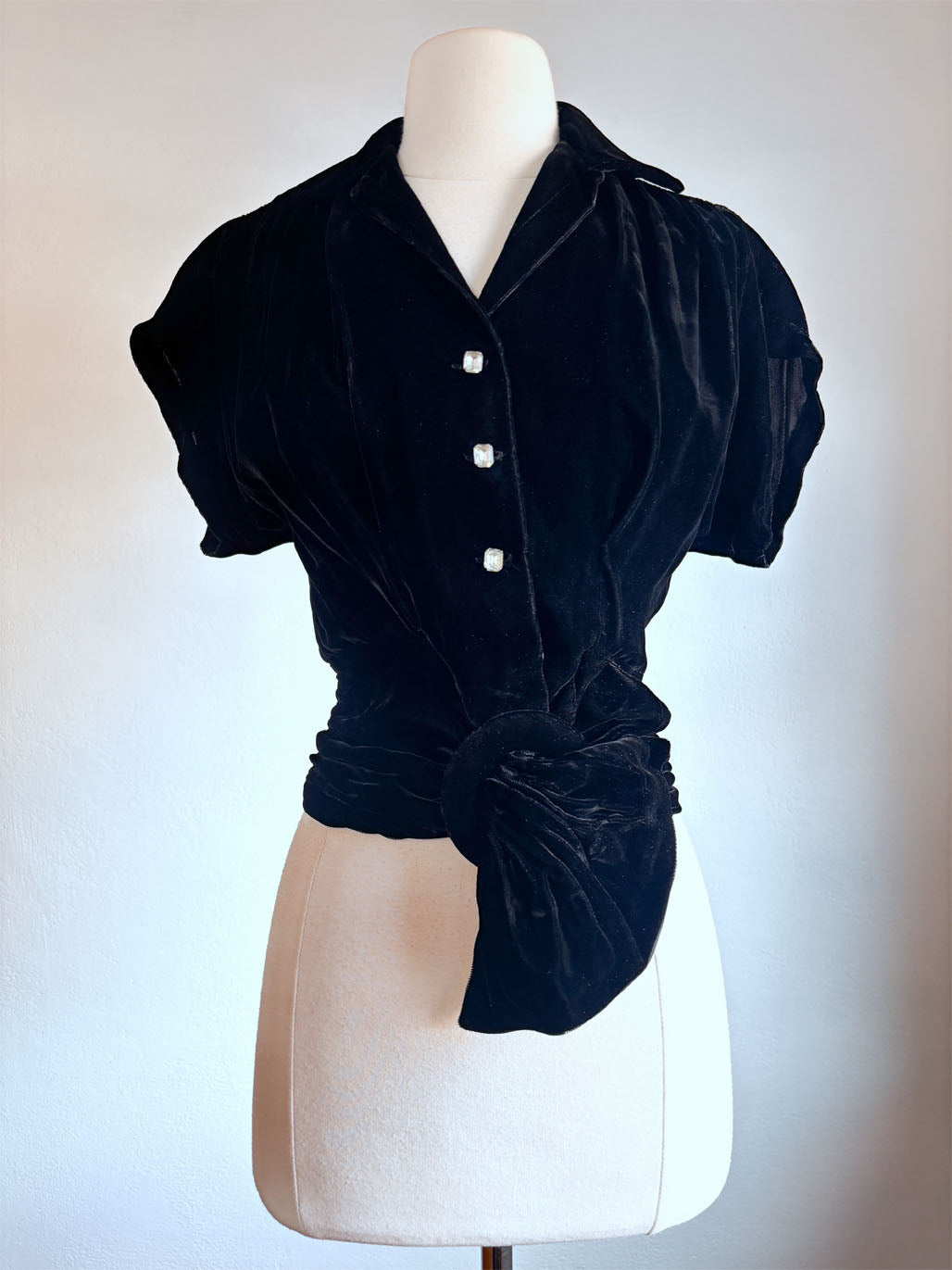 Vintage 1940s Velvet Blouse - Black Ruched + Wrap Top w Rhinestones + Dramatic Belted Buckle Size S to M