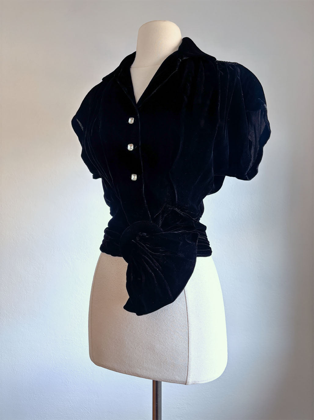Vintage 1940s Velvet Blouse - Black Ruched + Wrap Top w Rhinestones + Dramatic Belted Buckle Size S to M