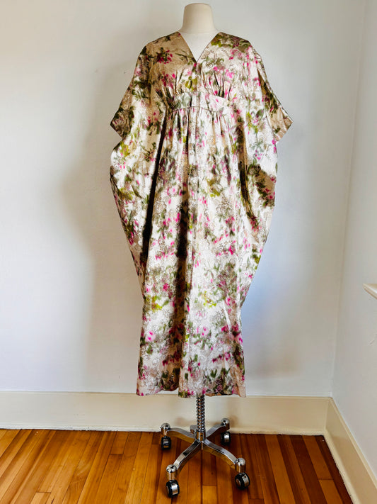 Vintage 1960s Luxury Kaftan Gown - Glorious Gold Lamé Silk Satin Brocade Pink Rose Print Dress Fits S to XL