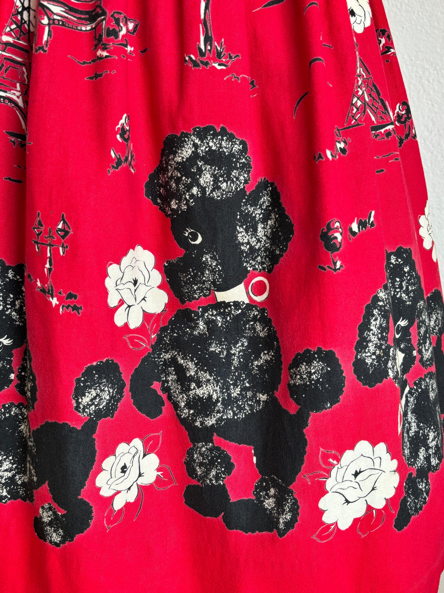Vintage 1950s Novelty Skirt - Cherry Red French Poodles Eiffel Tower Paris Artist Cotton Flannel Size S