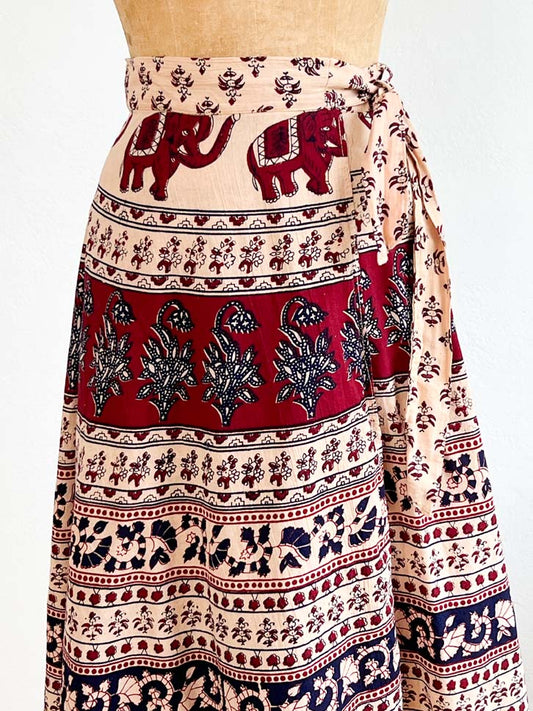 Vintage 1970s Indian Wrap Skirt - Lovely Ecru, Navy + Wine Block Print Novelty Elephant Wrap Skirt Size XS to L